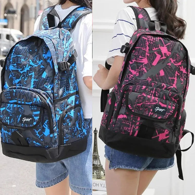 Classic nylon large backpack shown in blue and red colour options.