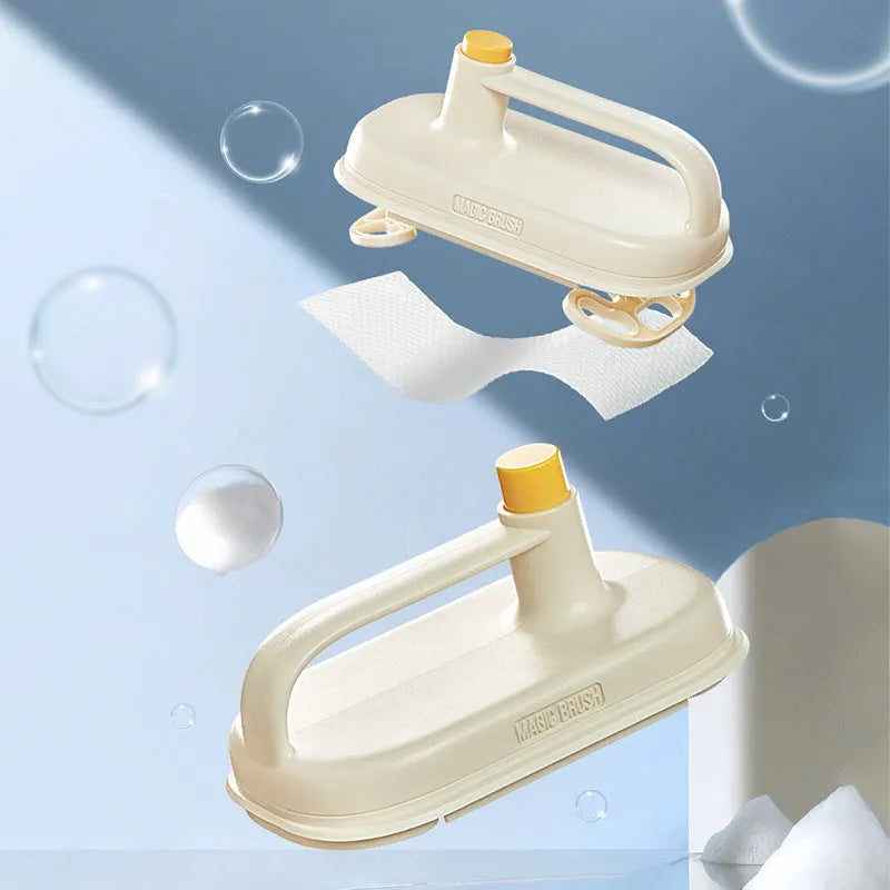 Disposable Magic Cleaning Brush with plastic handle and a pack of 50 white non-woven replacement rags.