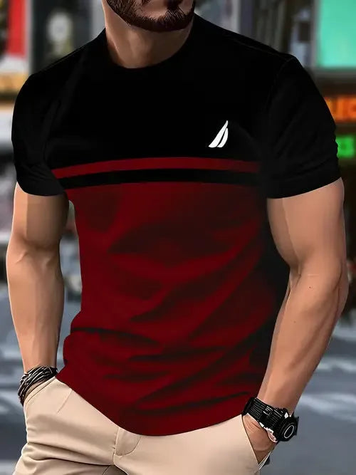 Men's loose fit short sleeve T-shirt in polyester fabric showing colour options including black, dark red, grey and white