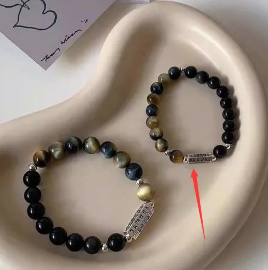 Tigereye Obsidian gemstone bracelet with six words mantra engraving on S925 sterling silver, Chinese style geometric round bead design.