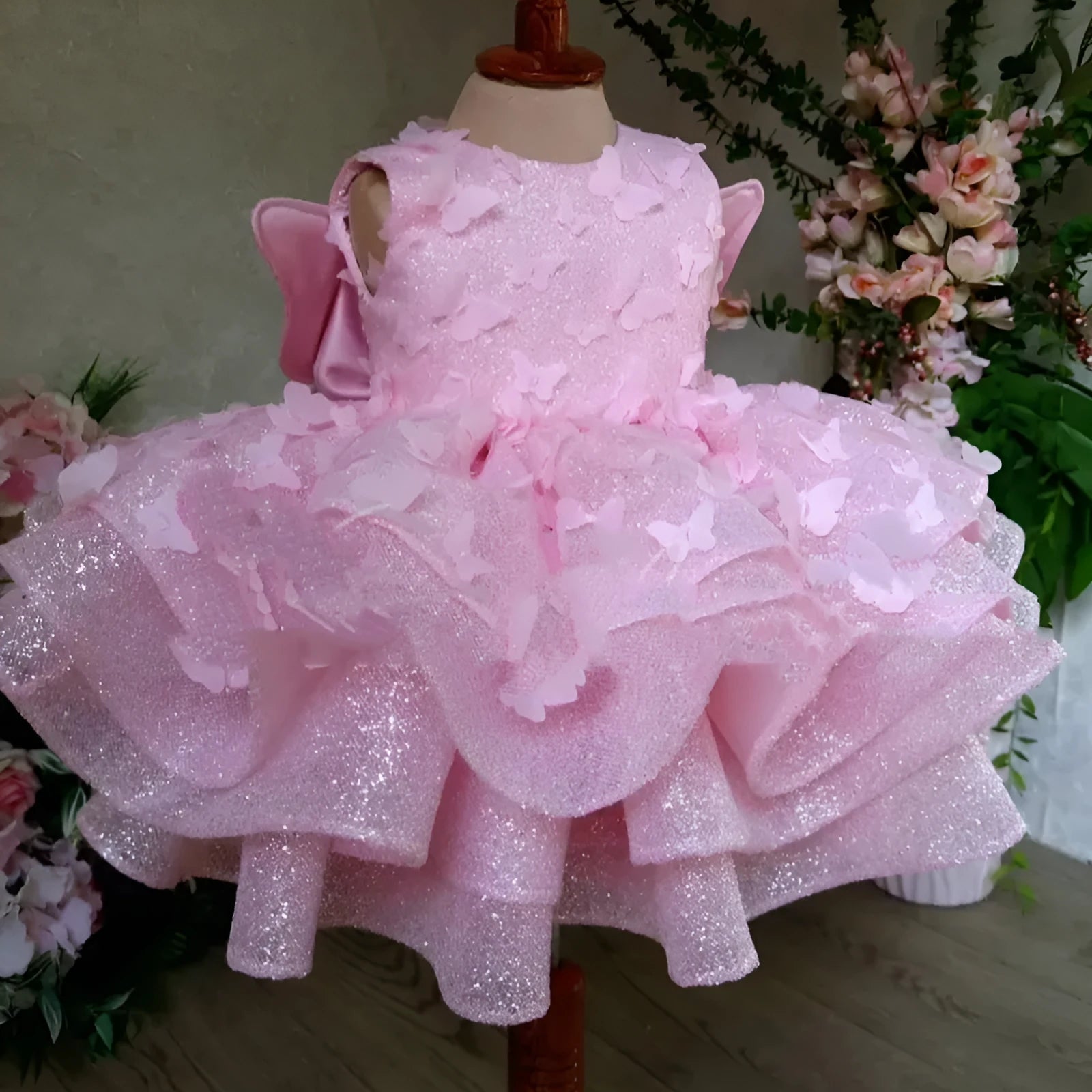 Pink girls sleeveless polyester summer dress with three-dimensional butterfly decoration