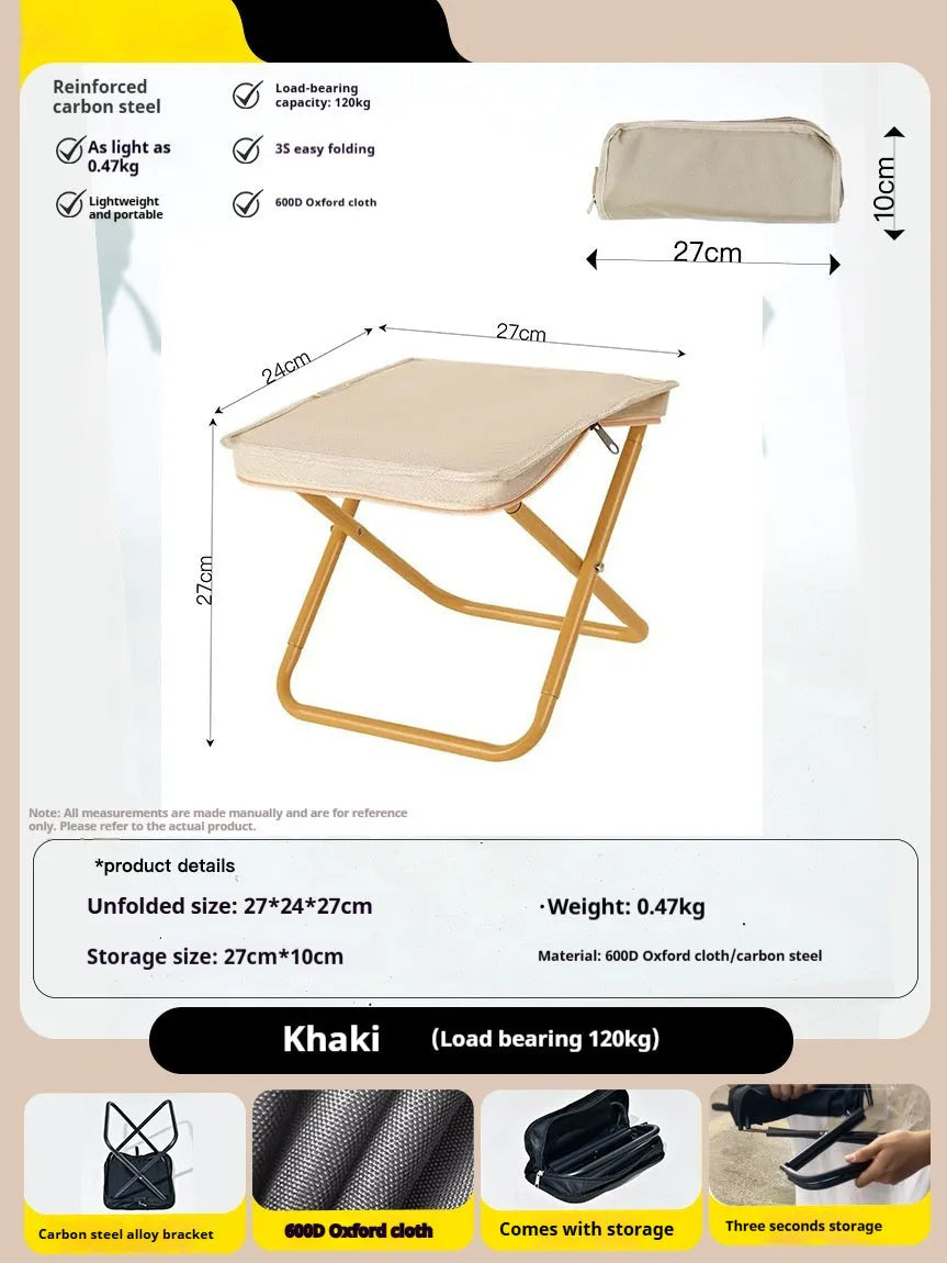 A folded Oxford cloth camp stool in a pencil box design, shown in khaki colour.