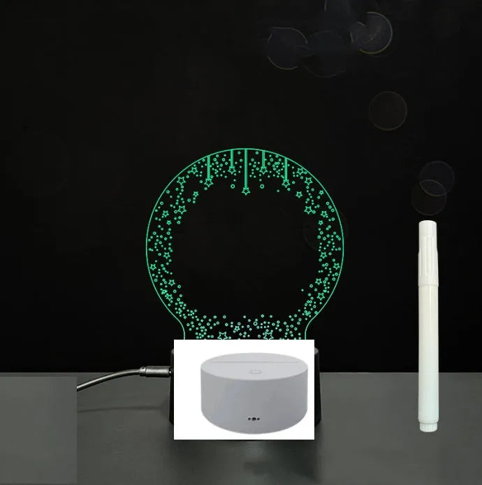 3D acrylic LED message board with touch control, black ABS base, USB cable, and stylus pen on desk