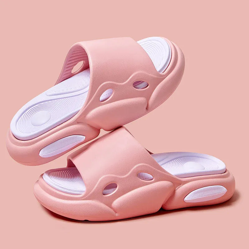 EVA slippers with leather lining in pink purple colour combination showing round toe shape