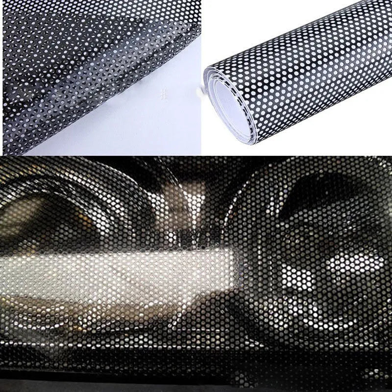 Perforated mesh plastic automotive colour change film sheet measuring 30cm by 106cm.