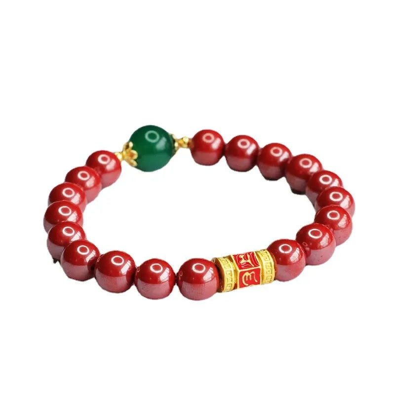 Emperor Sandstone colour cinnabar bracelet with 8mm beads and a six words motto charm.