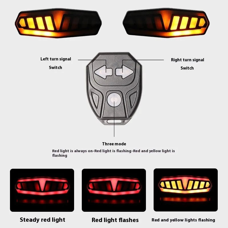 Remote control bicycle steering taillight with ABS waterproof housing showing multiple lighting modes