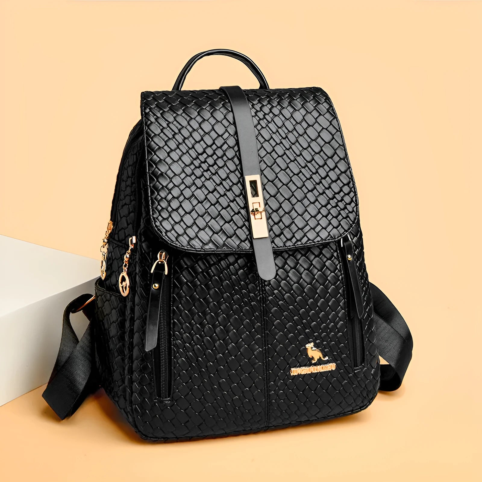 Women's large capacity waterproof PU backpack in black, medium hardness, for travel and work