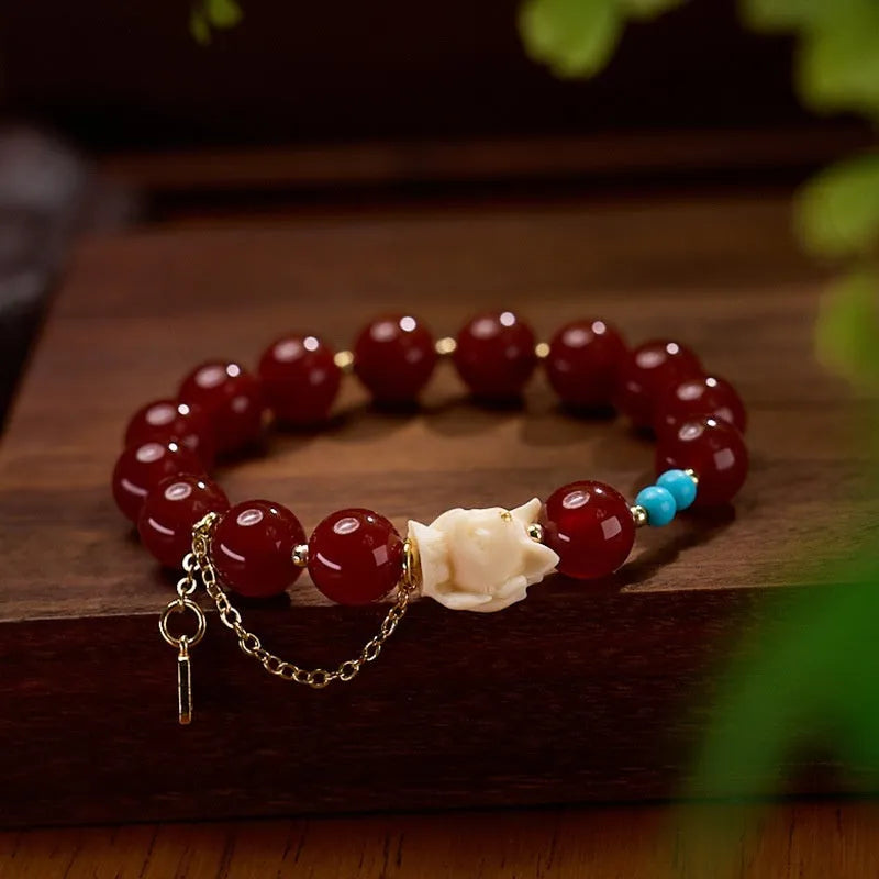 Red agate and ivory nut bracelet with 10mm beads and Fengjiu design in retro style