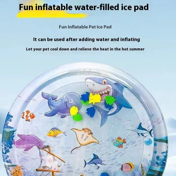 Summer cooling pet water bed cushion PVC inflatable ice pad with fish design for dogs and cats 65cm size