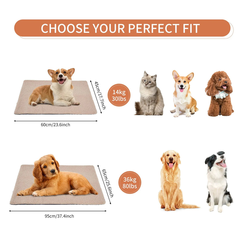 Self heating pet pad for cats in plush material showing size options and colour variations