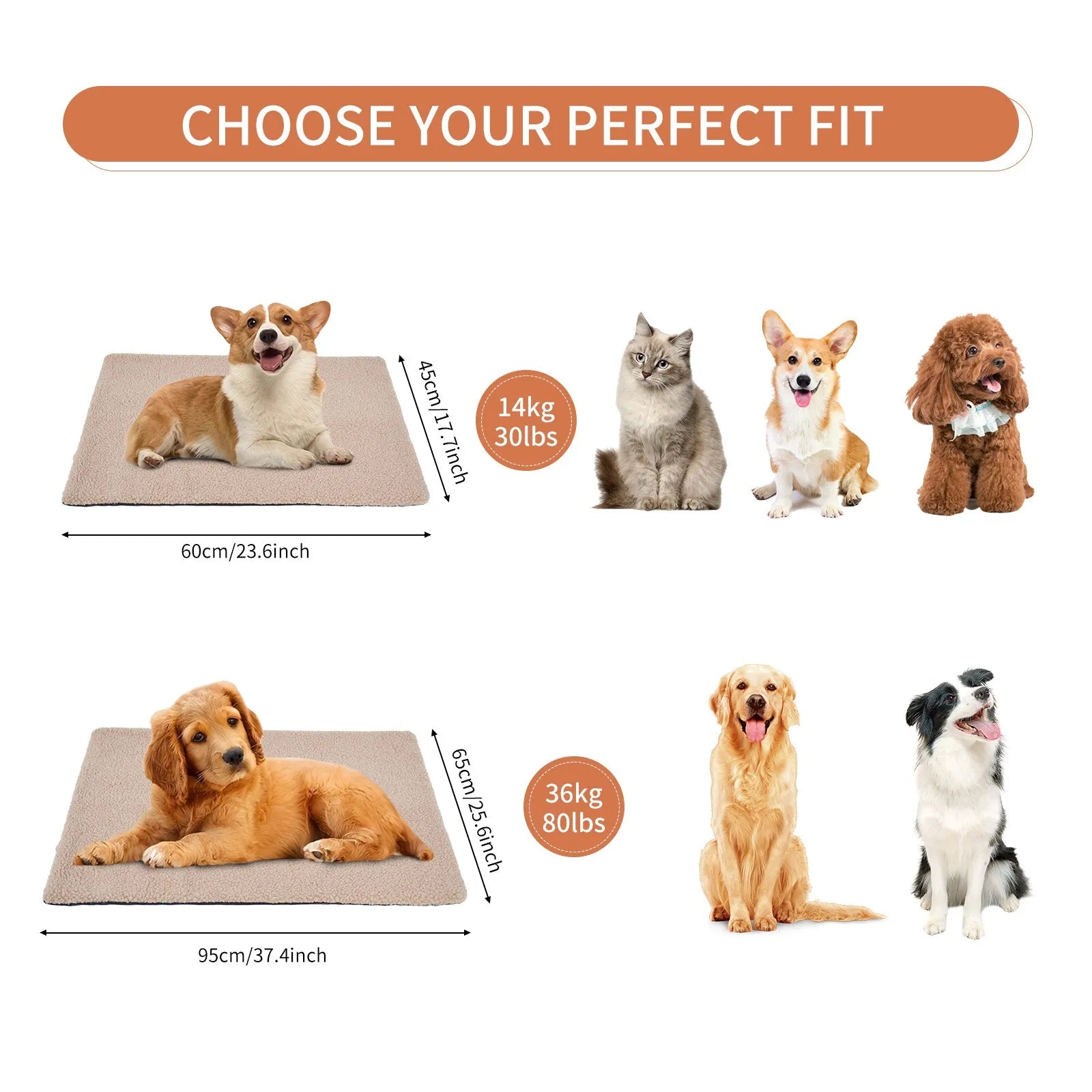 Self heating pet pad for cats in plush material showing size options and colour variations