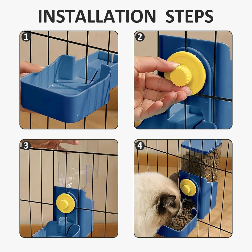 Transparent hanging automatic pet feeder with water and food dispensers for rabbit cages