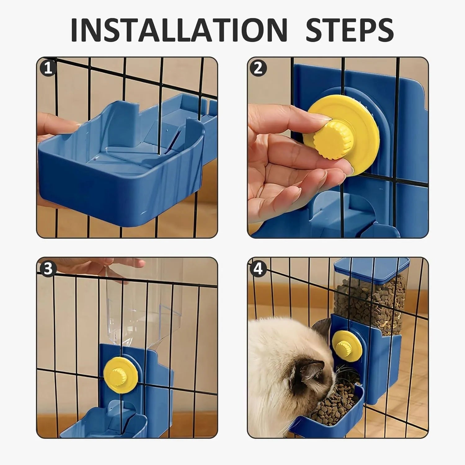 Transparent hanging automatic pet feeder with water and food dispensers for rabbit cages