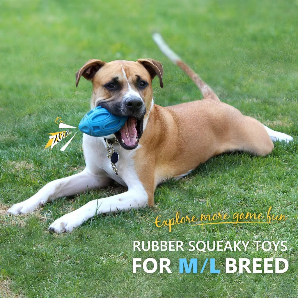 Blue, green, and orange natural rubber squeaky dog chew ball with grooved surface.