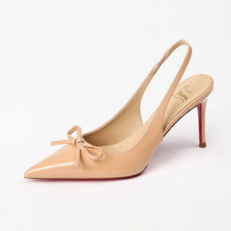 Women's patent leather pointed toe high heels in wine red, black, and nude colours with a 6-8cm heel.
