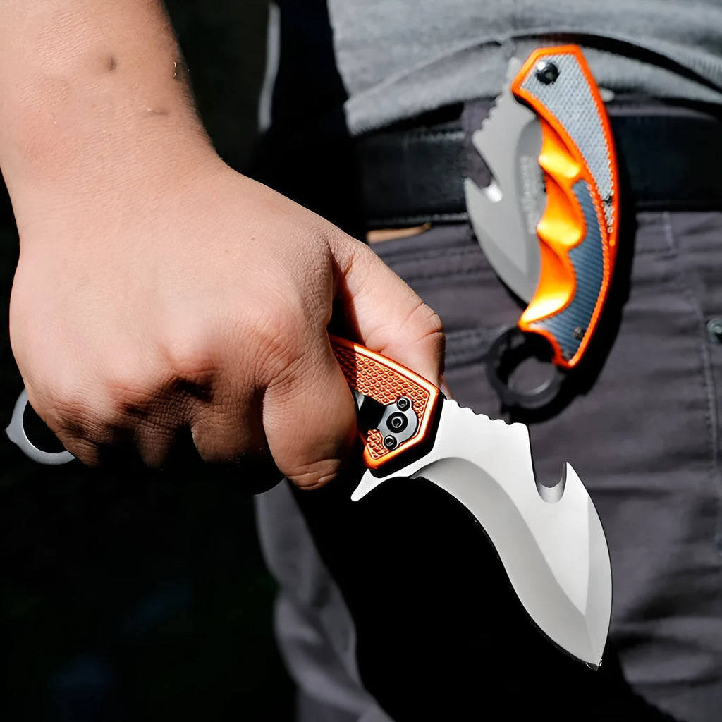 Orange steel handle folding knife with 8.2cm 5CR15MOV blade for camping and tactical use