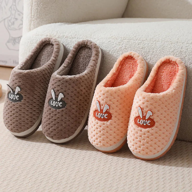 Women's apricot rabbit plaid design house slippers with thick sole and fur lining