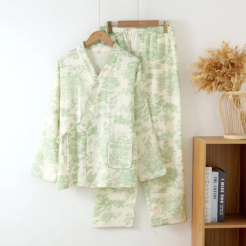 Women's pure cotton gauze homewear suit with long sleeves and trousers in frosted pine tree colour