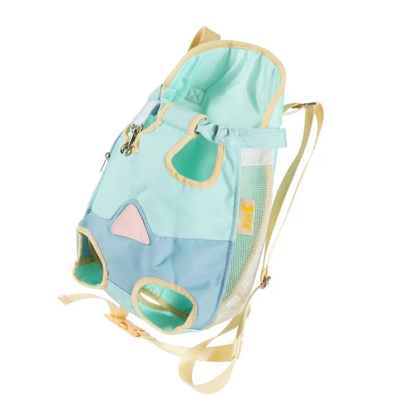 Soft polyester pet backpack with transparent window panel showing cat inside, front pocket, and adjustable straps