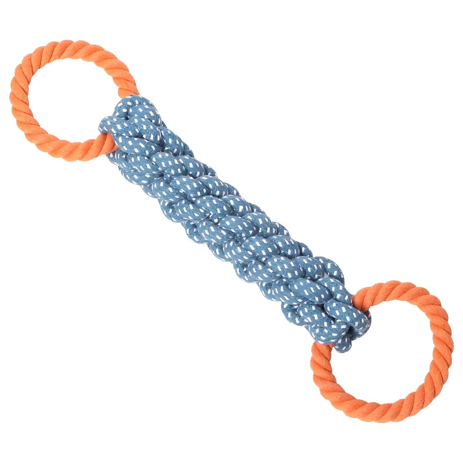 Blue braided cotton rope bone dog toy with double rings at each end for chewing and tooth cleaning