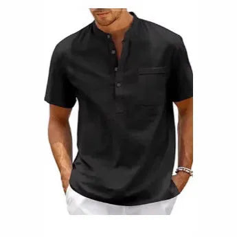 Men's solid colour stand collar polo shirt with short sleeves in lightweight bird eye cloth