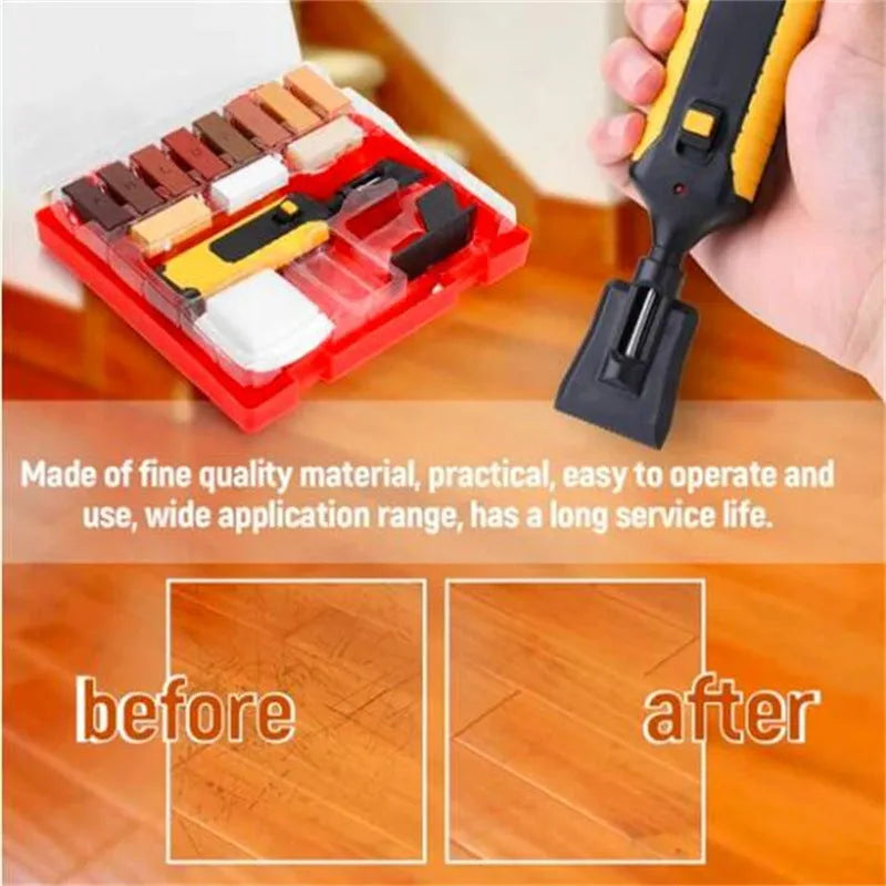 Floor repair tool with red or yellow handle and wax sticks for tile surface restoration