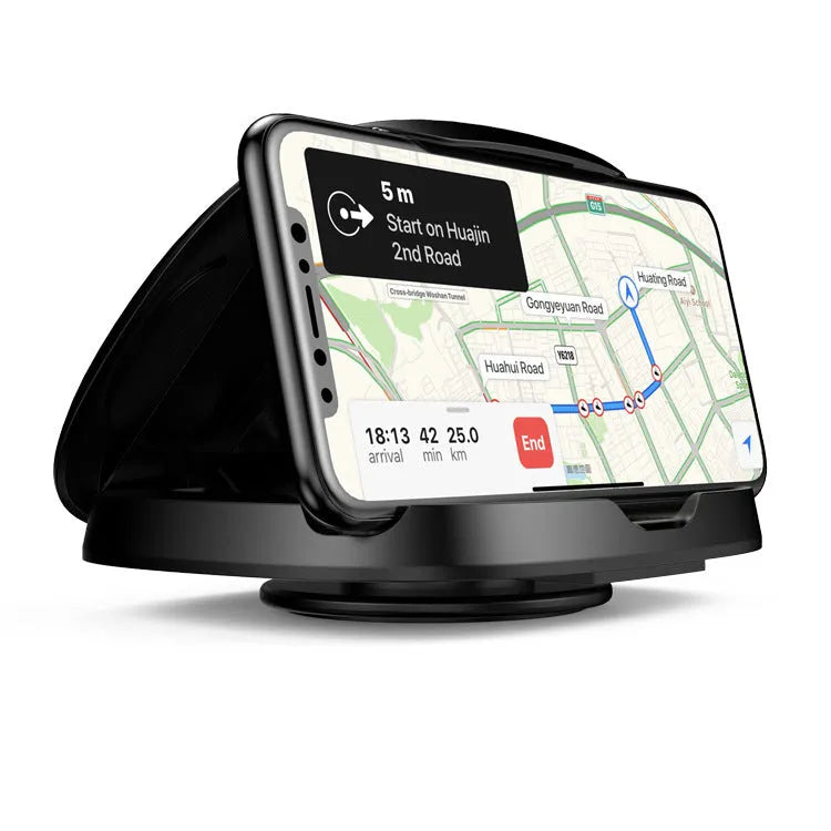 Black rotating suction cup car phone holder attached to a car windscreen