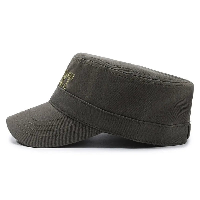 Men's flat-top peaked cotton cap in army green with an adjustable strap and dome crown.