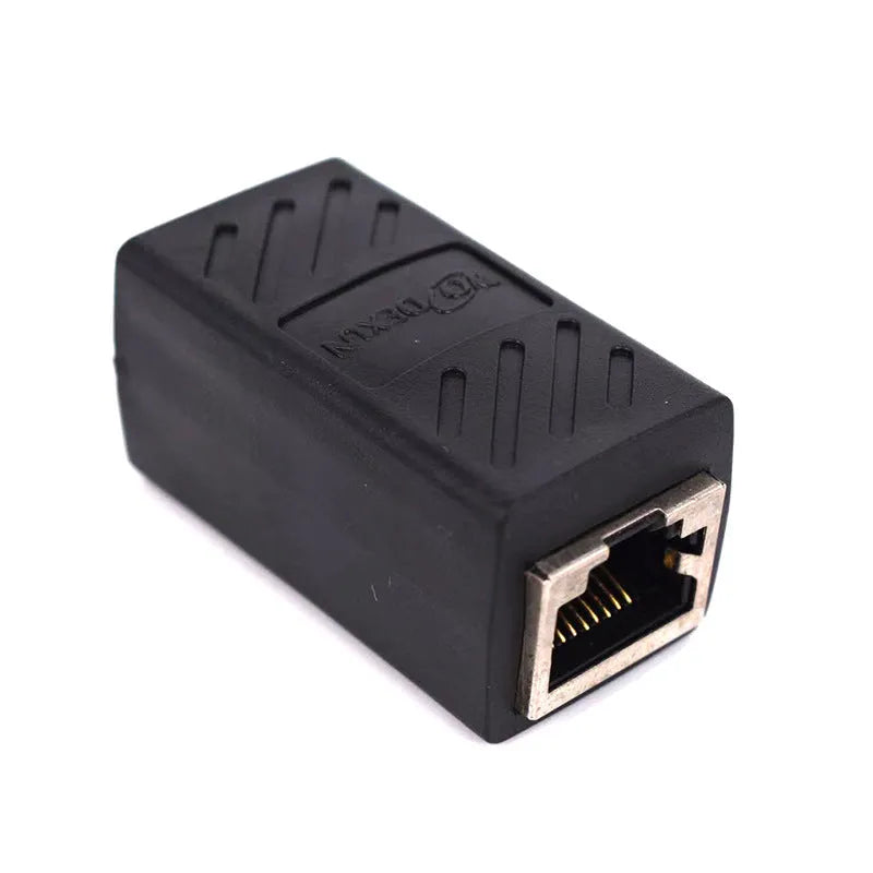 Black RJ45 rotary network cable extender adapter for joining Ethernet patch cables.