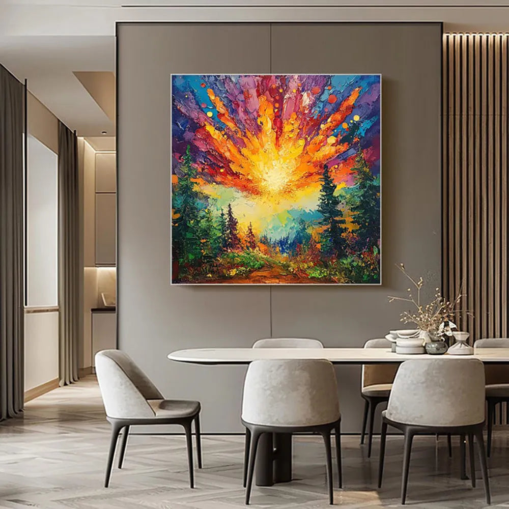 Hand-painted oil painting of sun rising in deep forest with brilliant light, modern landscape canvas art on wall