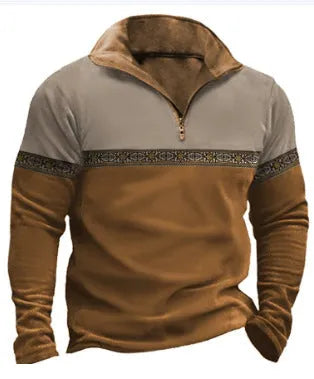 Retro patchwork pattern on a zip-front polo shirt sweater in a cotton blend fabric.