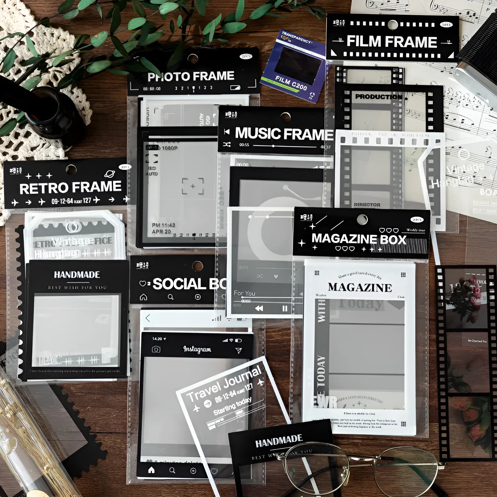 Set of 15 retro frame design stickers on transparent PET paper for journal decoration.