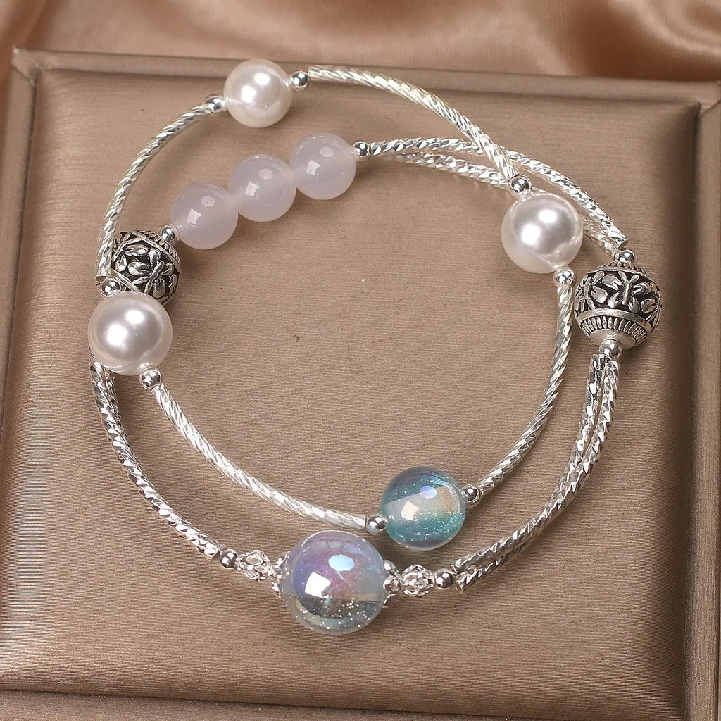 Light blue agate multi-circle twin crystal bracelet for women ethnic style travel gift
