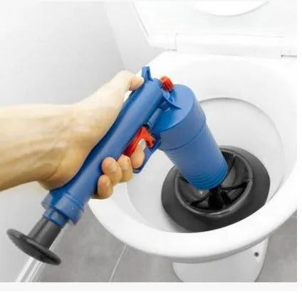 Plastic high-pressure air drain blaster gun with four different sized adaptor suckers for unclogging sinks and toilets.