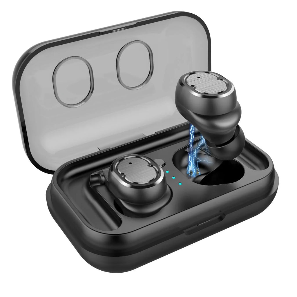 Touch control wireless Bluetooth earbuds in black, white, red, and blue colours showing earbud design.