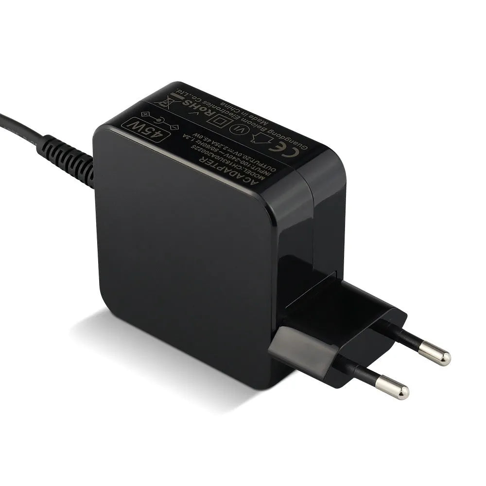 Black Hua 45W laptop adapter with US and EU plug options showing compact dimensions