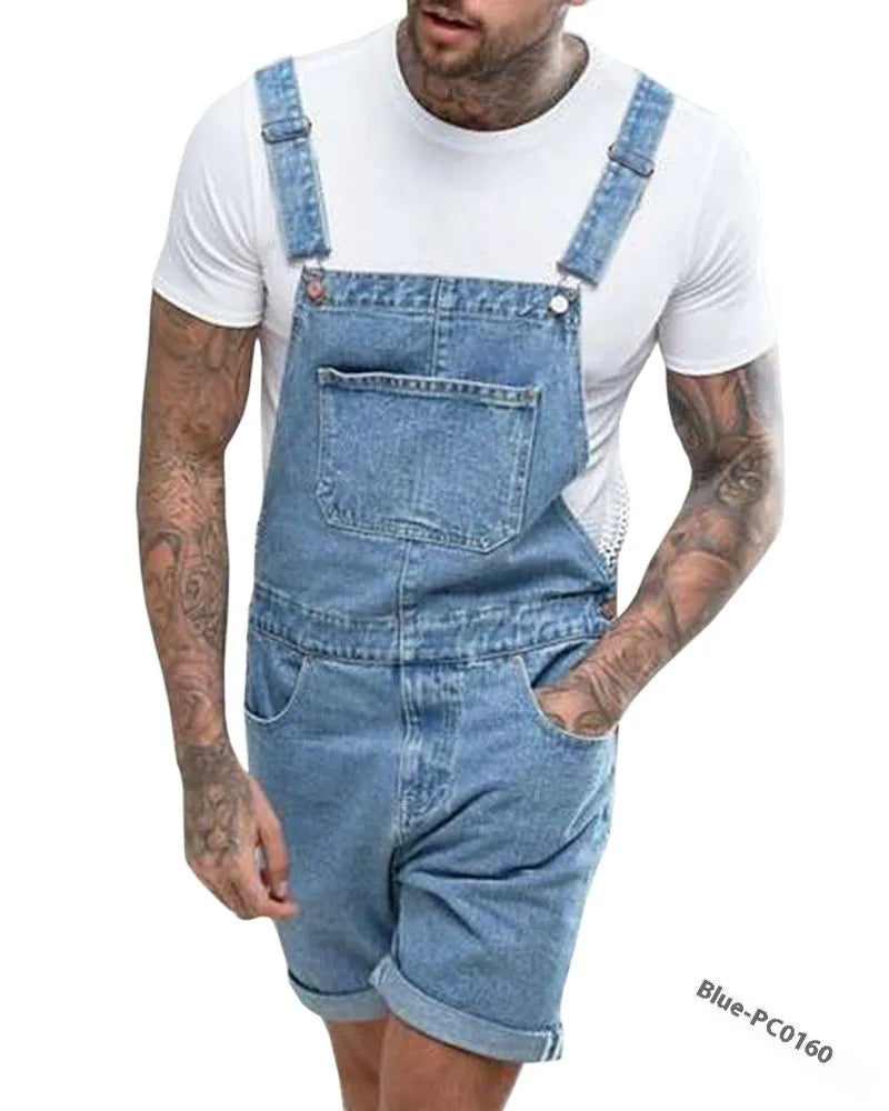 Men's black denim suspender trousers with straight legs and a zip fly on a hanger.