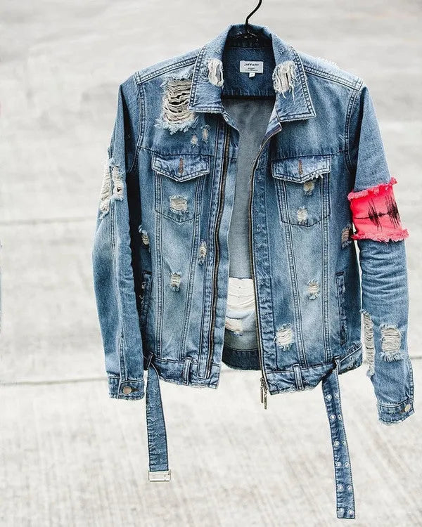Blue embroidered cotton denim jacket button front casual long sleeve outerwear