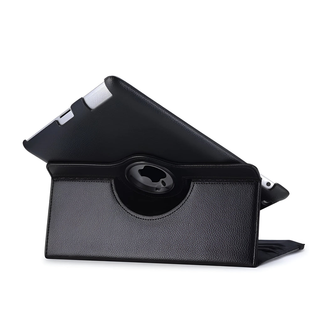 iPad rotary leather case in clam shell design shown in multiple colour options including pink, blue, and black.