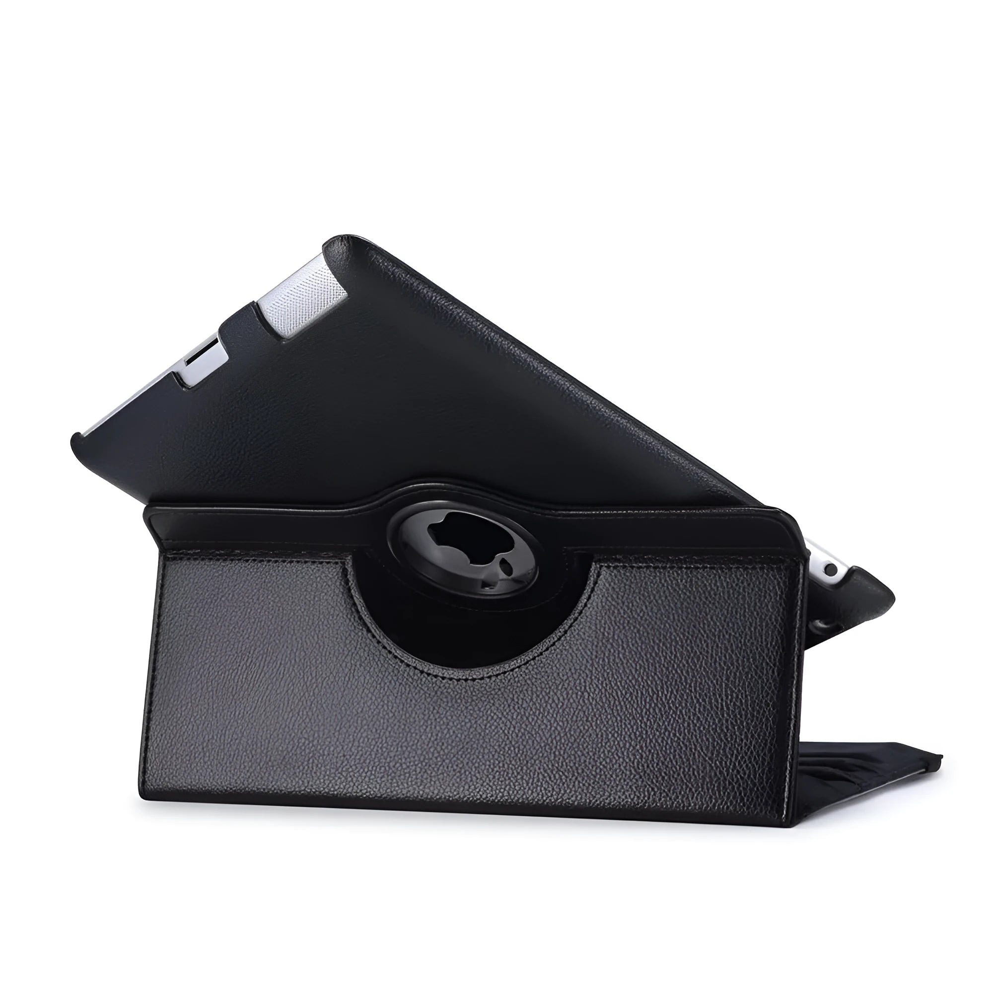 iPad rotary leather case in clam shell design shown in multiple colour options including pink, blue, and black.