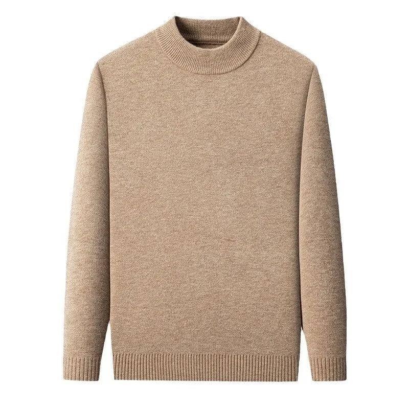 Men's solid colour fine yarn half turtleneck long sleeve pullover sweater on a hanger.