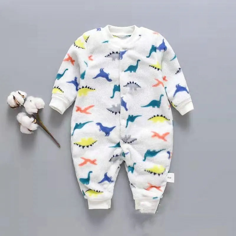 Baby wearing a long sleeve flannel romper with a printed panda pattern in pink and blue.