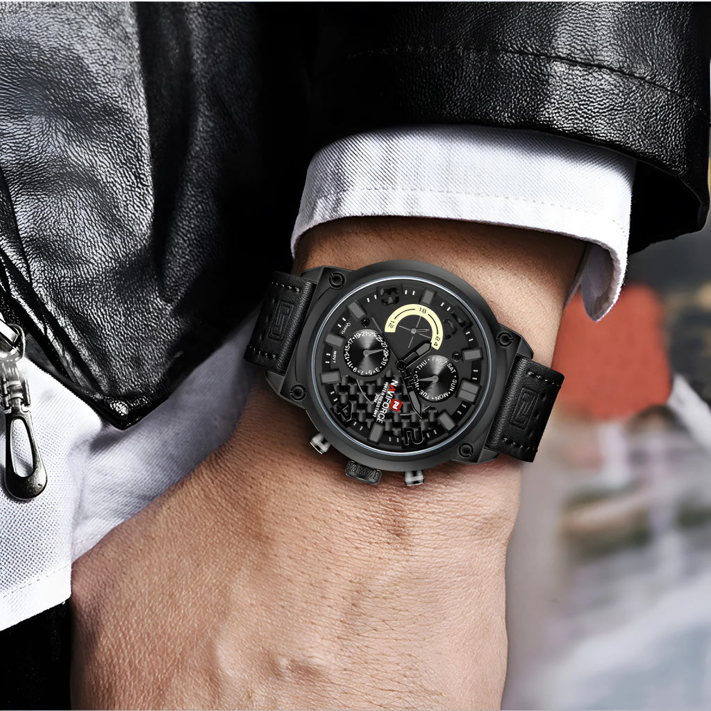 Men's sports quartz watch with 48mm stainless steel dial, calendar sub-dial, and grey stainless steel strap on wrist
