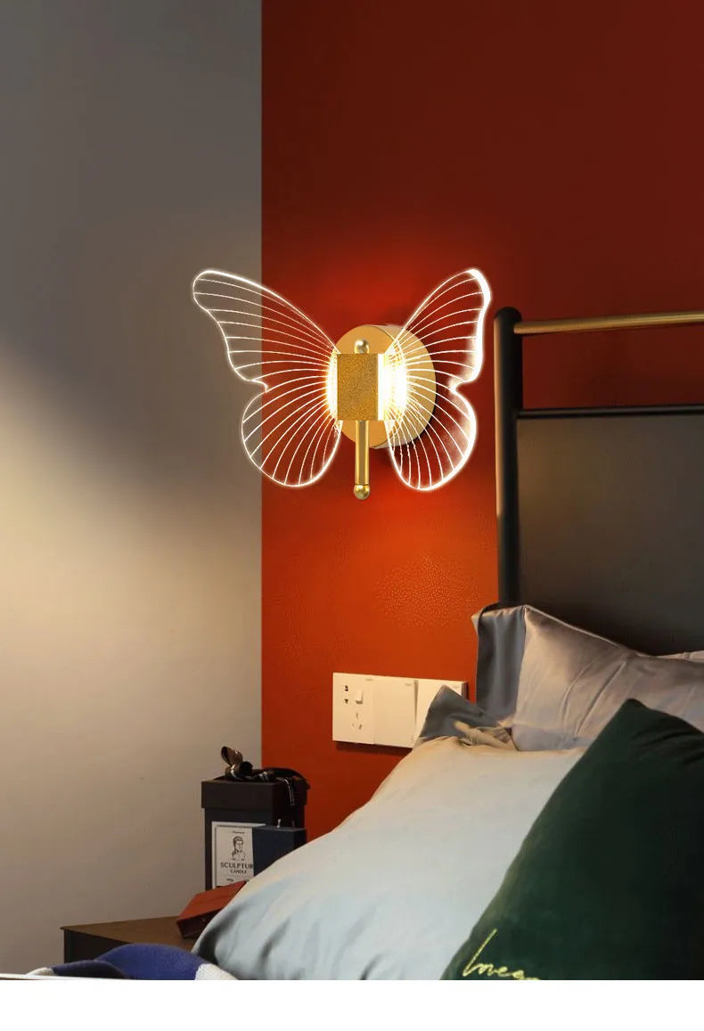 Gold butterfly acrylic wall lamp with three-colour dimming for warm bedside decoration