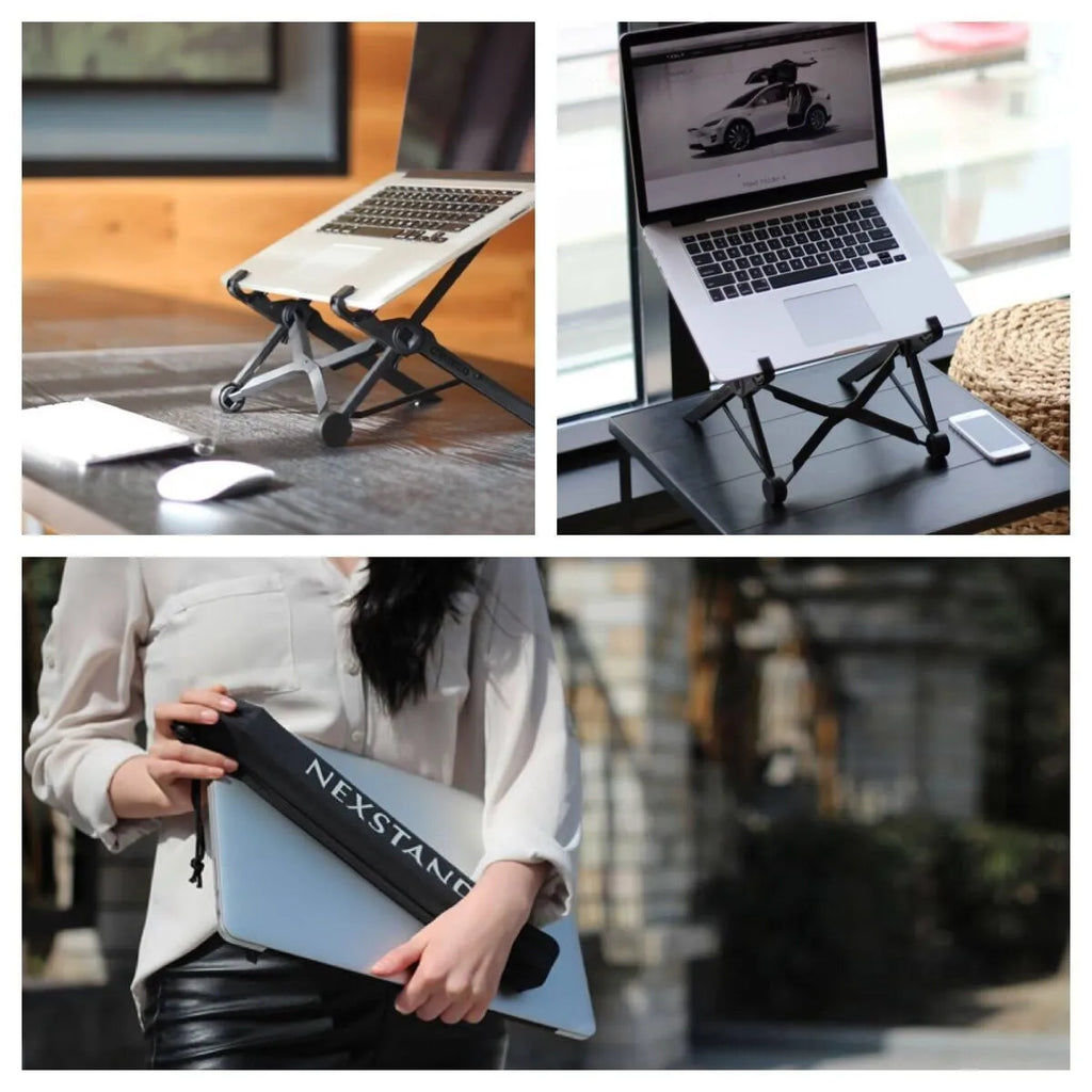 Sagacious black folding laptop bracket stand, shown unfolded to 40cm and next to its carrying case.