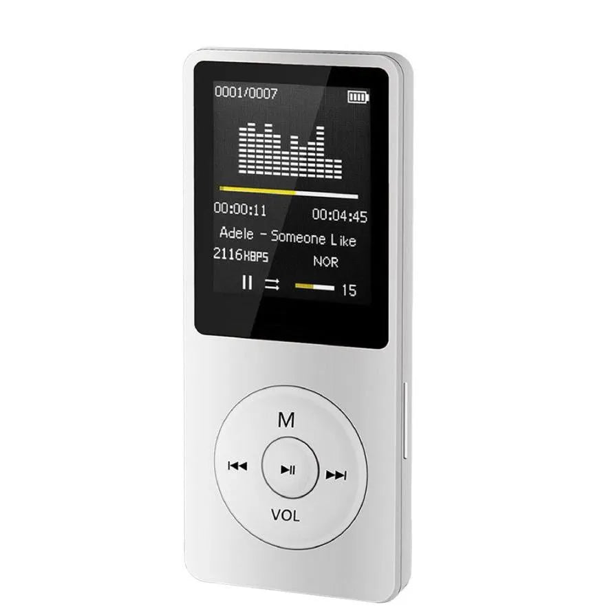 Portable black MP3 player with 1.8-inch TFT display showing AMV movie screen on a white background