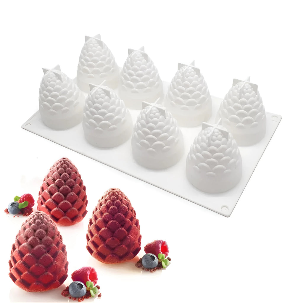 Set of six silicone baking moulds in pineapple and pine cone shapes for Italian mousse cakes