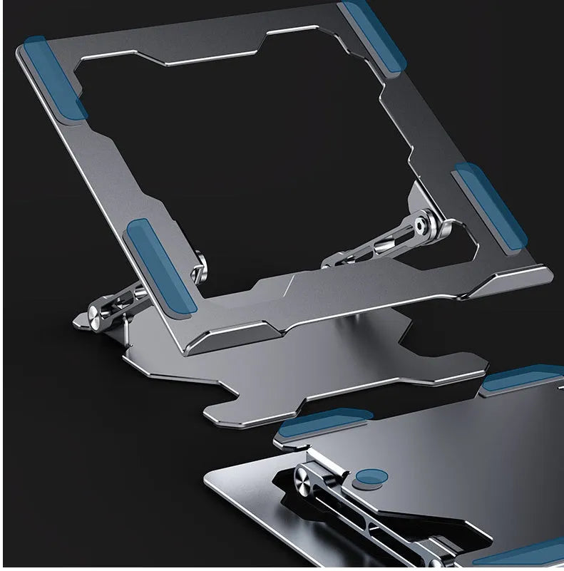 Grey portable aluminum laptop stand with adjustable angle, shown holding a silver laptop.