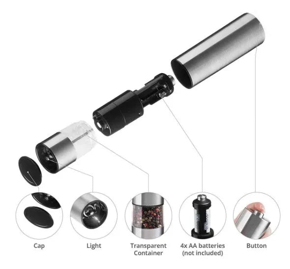 Stainless steel electric pepper grinder with manual option in natural colour.